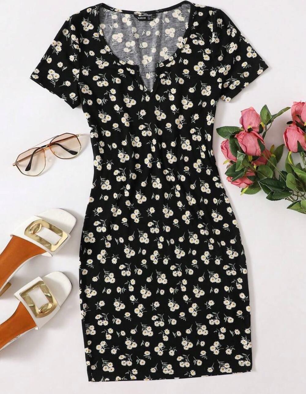 Ditsy Floral Notched Neck Bodycon Dress